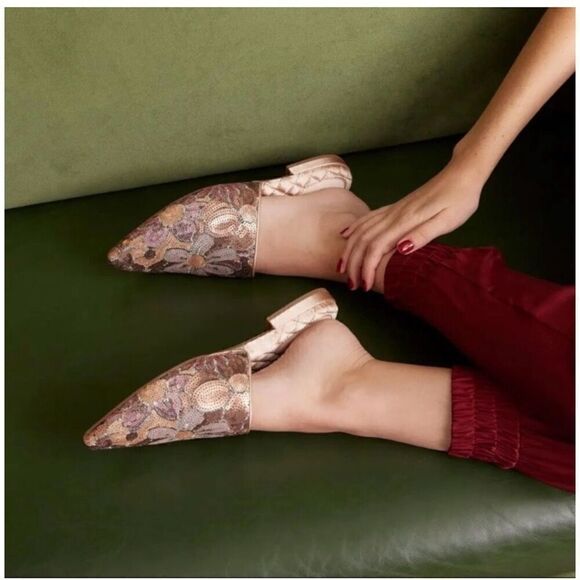 Birdies The Dove Pink Petal Floral Pattern Sequin Point Toe Mule Slides - Picture 1 of 13